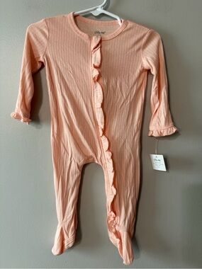 Little Me Peach Ribbed Ruffle Front Footed One-Piece